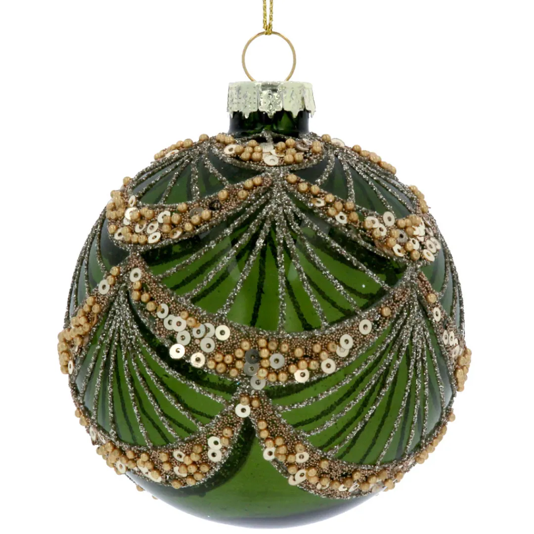 The Christmas Shop Decorated Green Glass Bauble| Glass|Gold Theme