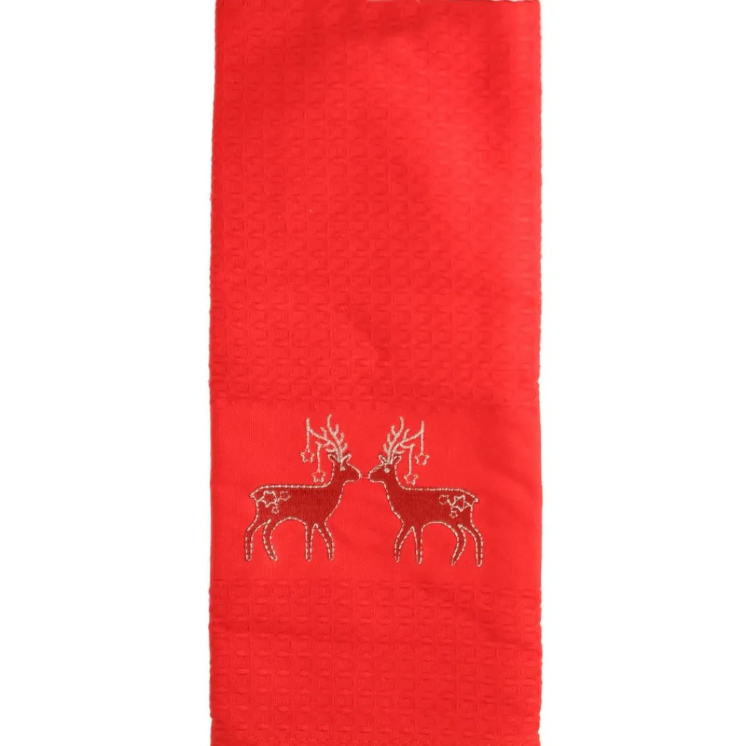 The Christmas Shop Red Tea Towel With Reindeer Motif| Tableware