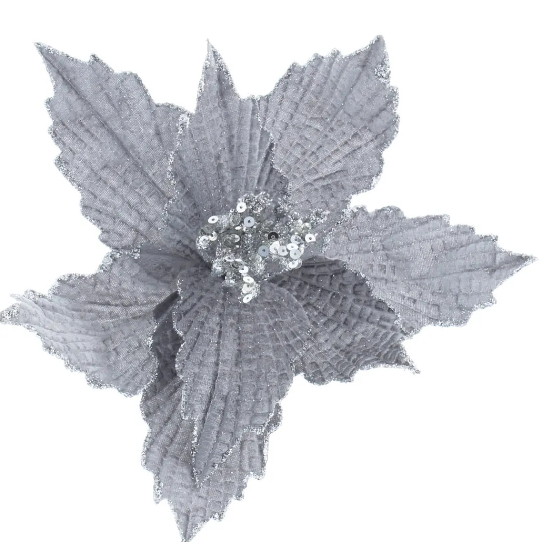 The Christmas Shop Silver Clip-on Poinsettia| Picks & Berries|Silver & White Theme