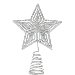 The Christmas Shop Silver 15cm Glitter Star Tree Topper| Treetop Stars|Silver & White Theme