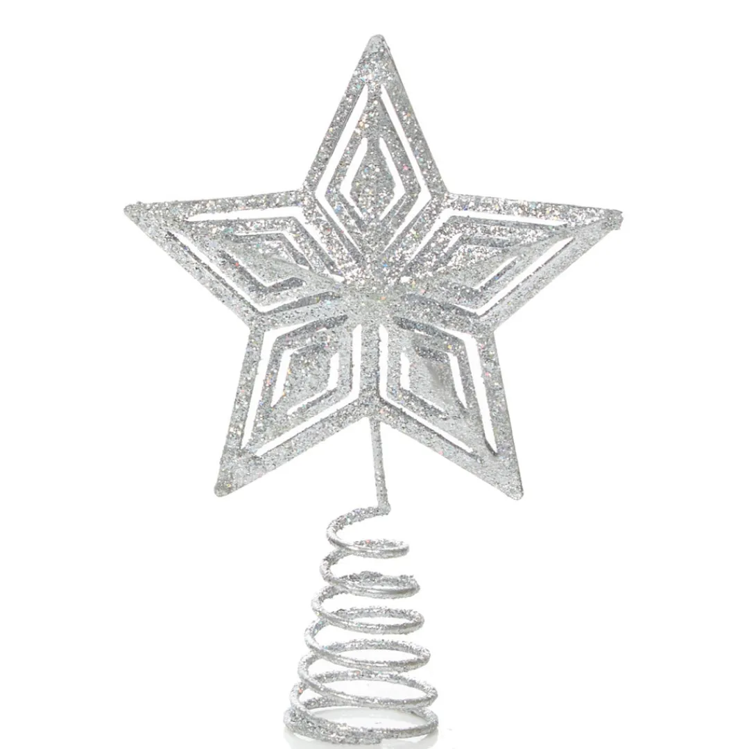 The Christmas Shop Silver 15cm Glitter Star Tree Topper| Treetop Stars|Silver & White Theme