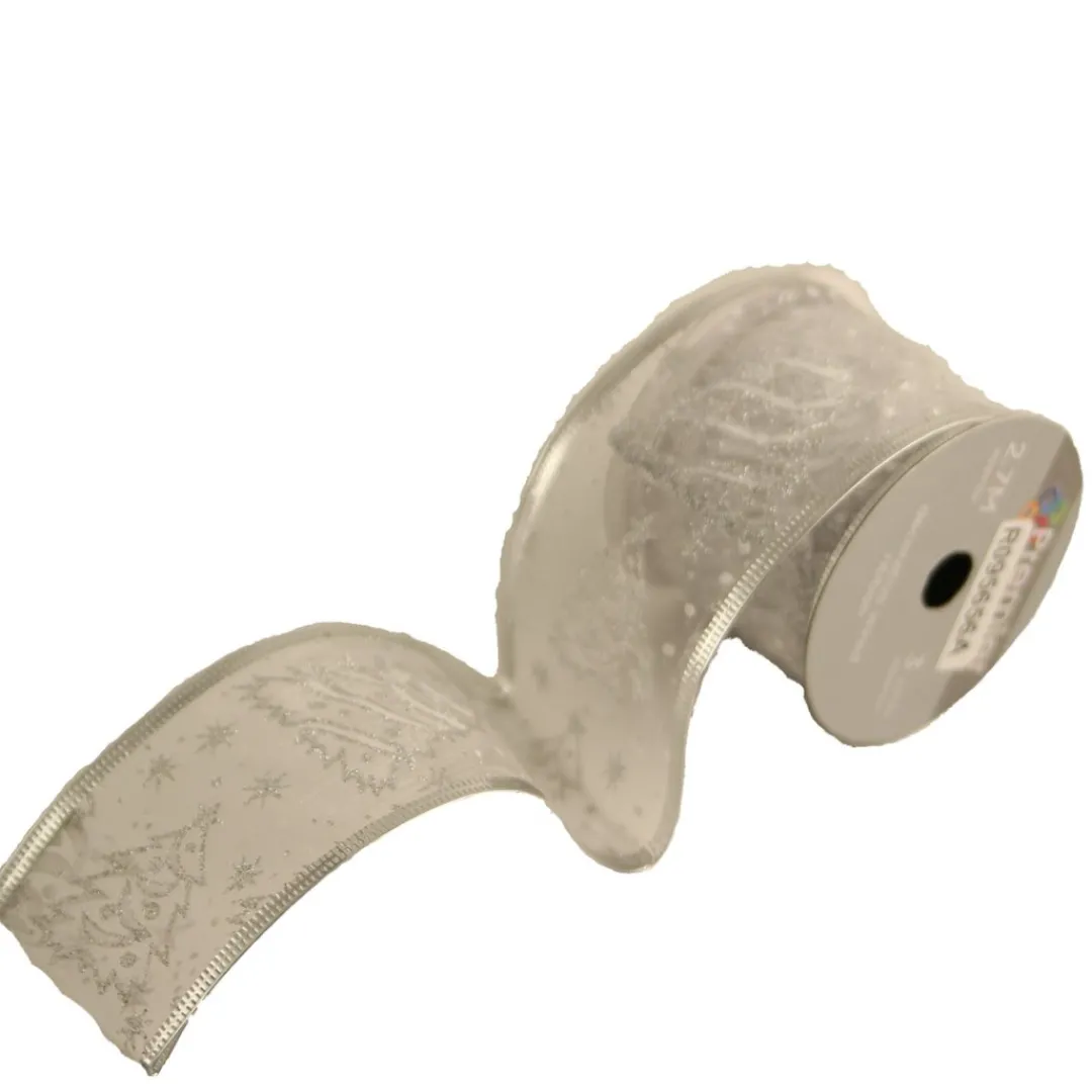 The Christmas Shop Silver Ribbon With Tree Motif| Ribbon|Silver & White Theme
