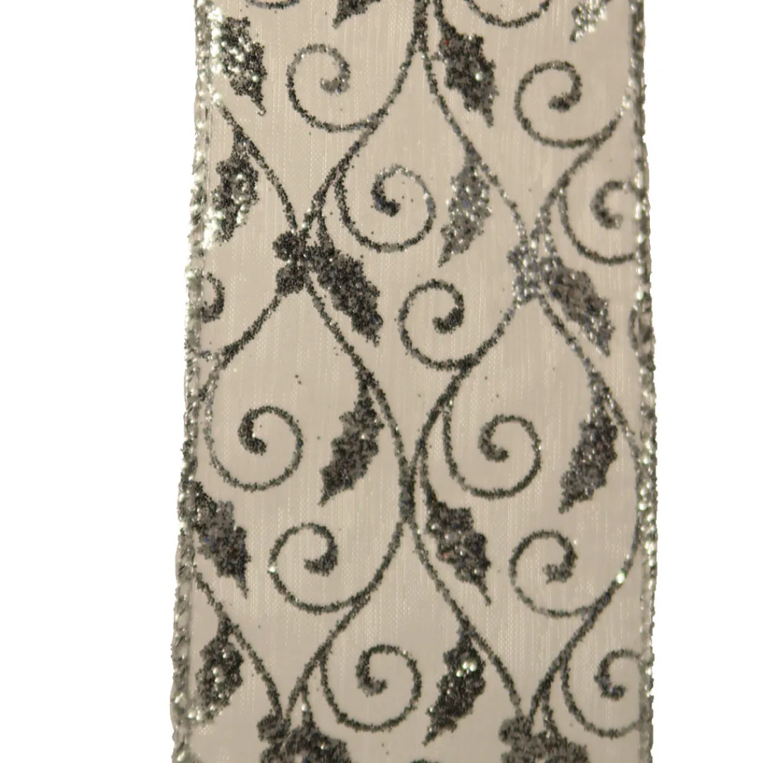 The Christmas Shop Silver W/vines Ribbon| Ribbon|Silver & White Theme