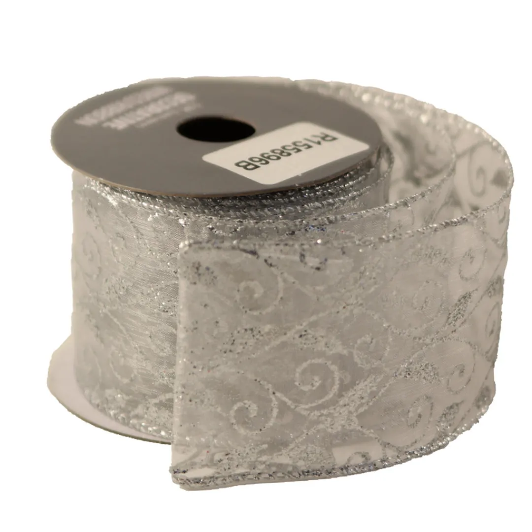 The Christmas Shop Silver W/vines Ribbon| Ribbon|Silver & White Theme