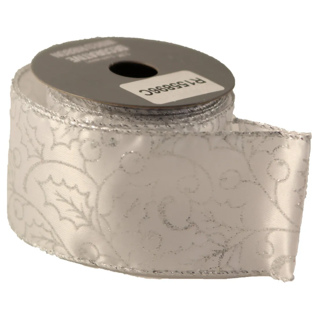 The Christmas Shop White W/Silver Holly Ribbon| Ribbon|Silver & White Theme