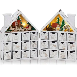 The Christmas Shop Wood Advent With LED Lights| Wooden Ornaments|Advent Calendars - Card, Fabric And Wood